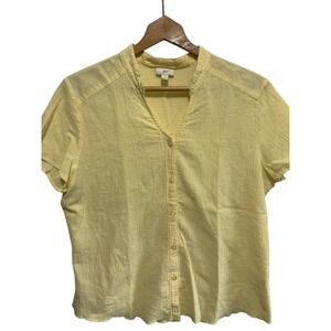 JJill Yellow Textured Linen Blend Short Sleeve V-Neck Button Up Shirt Top Large